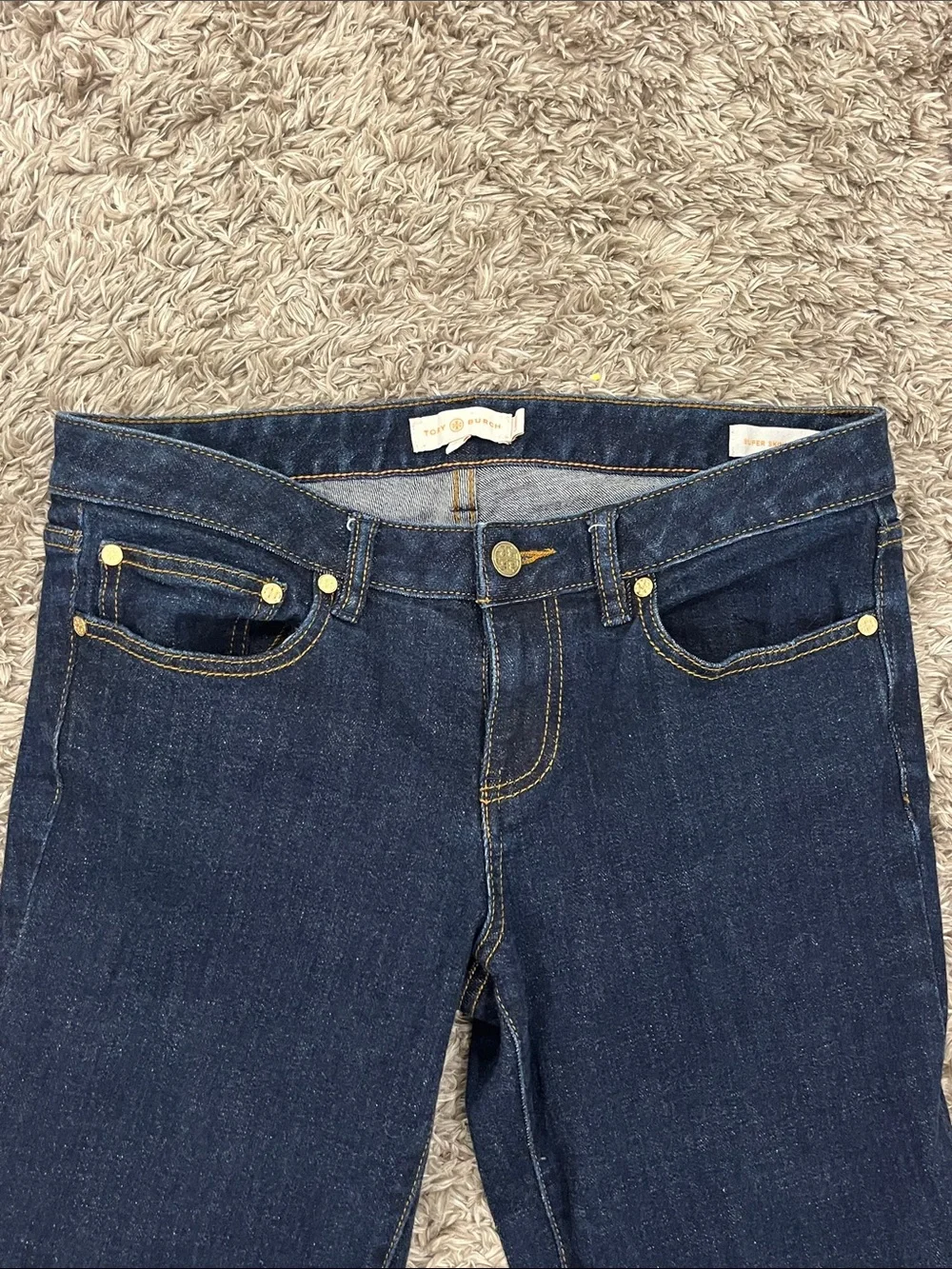Tory Burch Dark Indigo Skinny Jeans with Gold-Tone Hardware